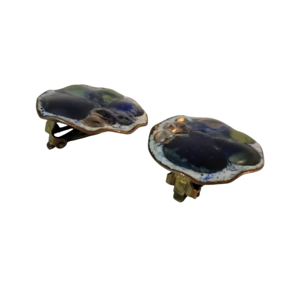 Hand Crafted Andree Bazot Enamel Glass Copper Earrings Paris France